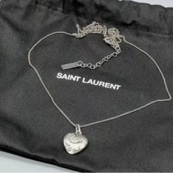 SAINT LAURENT Silver-Tone Charm HEART & BIRD Pendant Necklace - Picture 3 of 3